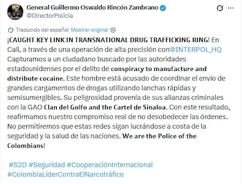 Una rueda de prensa oficial ampliará detalles sobre los métodos y el seguimiento que permitieron ubicar al responsable de articular redes de tráfico y garantizar el flujo de sustancias ilícitas entre países - crédito @DirectorPolicía / X