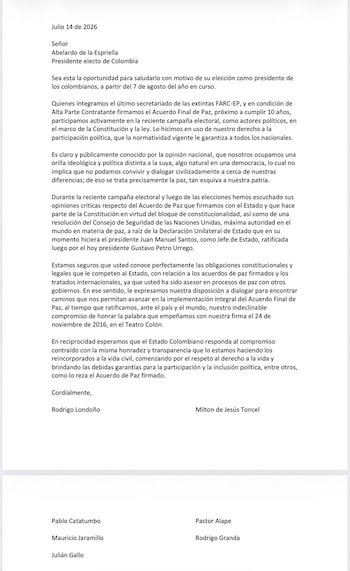 En la misiva, el grupo expresó su disposición para dialogar y “encontrar caminos que les permitan avanzar en la implementación del acuerdo de paz” - crédito suminstrado infobae