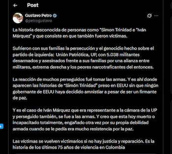 Petro fue más allá al señalar que estos hechos ocurrieron “por una alianza entre militares, extrema derecha y los peores narcotraficantes del entonces” - crédito @petrogustavo/X
