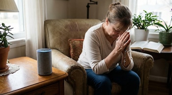 Mujer sentada en un sillón con manos juntas y rosario, cabeza inclinada en oración. Un dispositivo gris Amazon Alexa con luz azul está en la mesa a su izquierda.