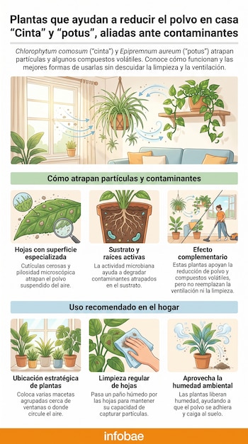 Infografía con ilustraciones de plantas Chlorophytum comosum y Epipremnum aureum en un hogar, detalles de hojas y raíces, limpieza de polvo y recomendaciones de cuidado.
