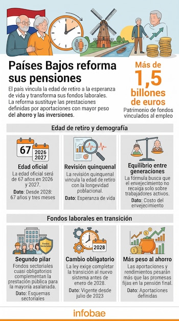 Infografía con texto e ilustraciones sobre la reforma de pensiones en Países Bajos, datos de edad de retiro y gráficos de fondos laborales.