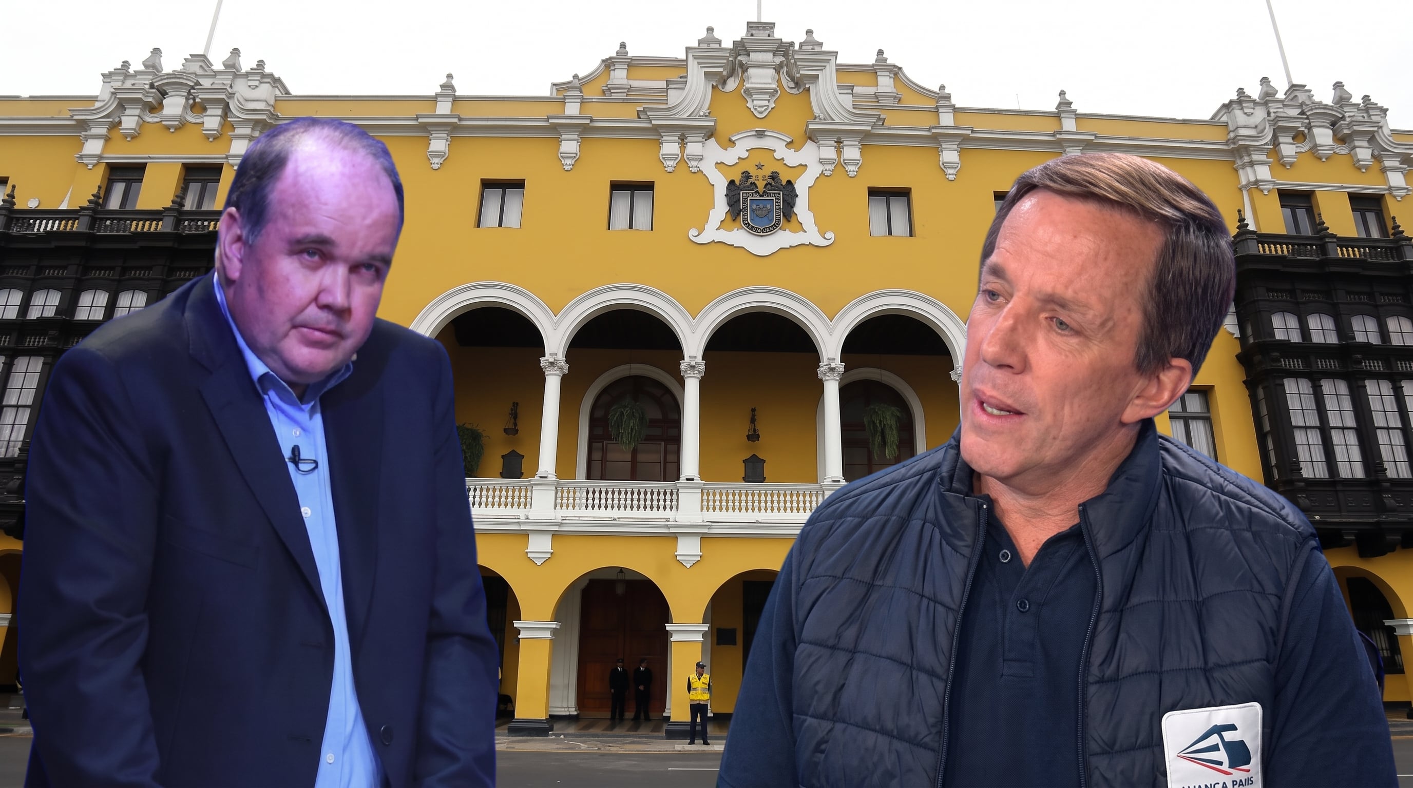 El alcalde de Lima, Rafael López Aliaga, se presenta junto a un representante del partido Avanza País frente al Palacio Municipal de la capital peruana. (Imagen Ilustrativa Infobae)