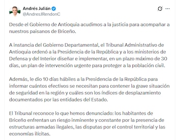 Gobernador de Antioquia celebró decisión del Tribunal Administrativo de Cundinamarca - crédito @AndresjRendonC/X