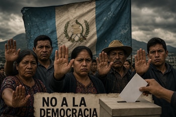 Personas levantan la mano abierta junto a un cartel que dice "NO A LA DEMOCRACIA", una urna electoral y la bandera de Guatemala.