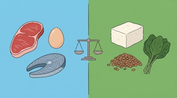 Ilustración plana de dos secciones. A la izquierda, carne, un huevo y un trozo de pescado sobre fondo azul. A la derecha, tofu, lentejas y espinacas sobre fondo verde. Una balanza al centro.