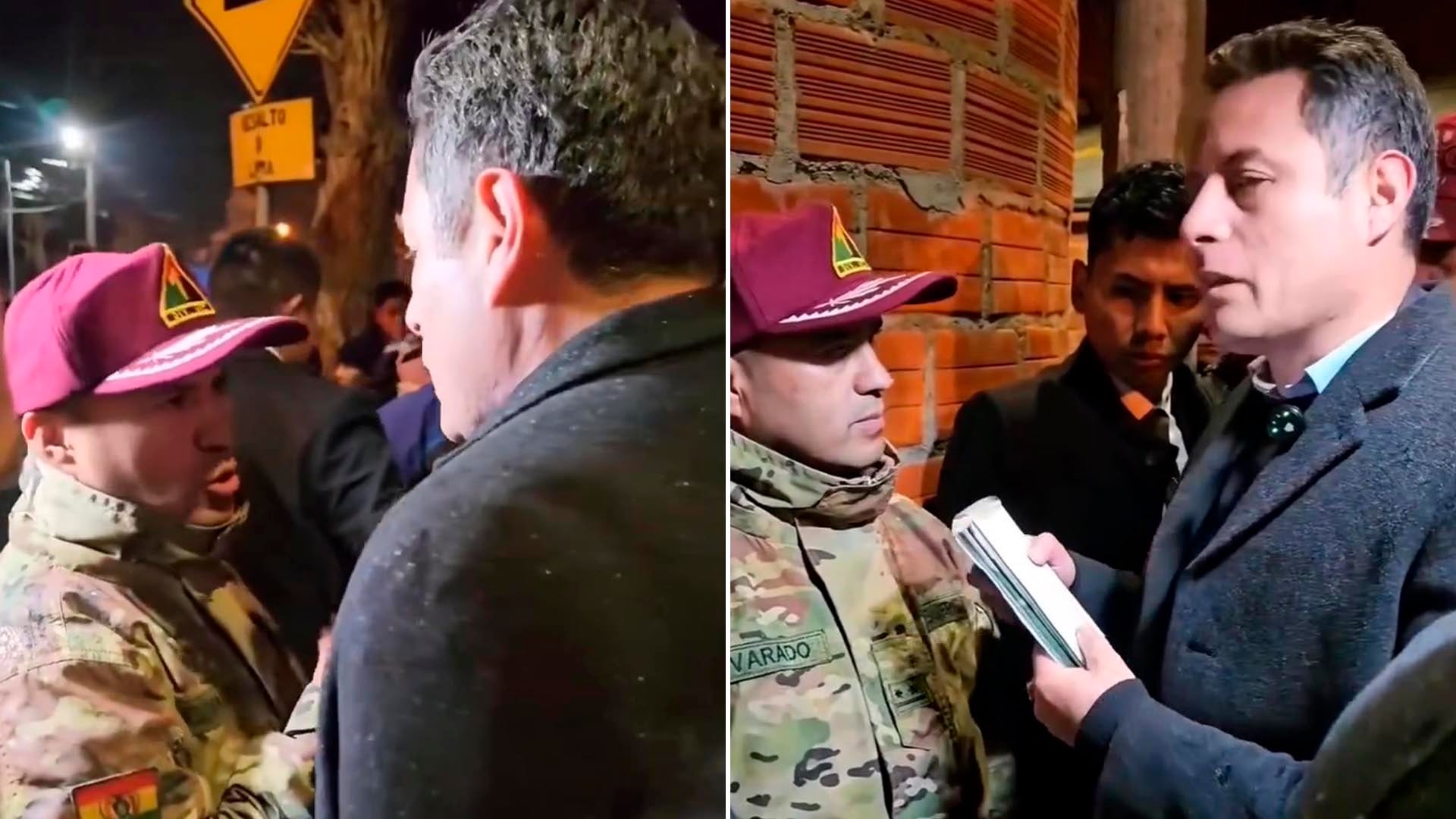 Edmand Lara increpa a un oficial del Ejército en la zona donde el viernes se produjo una doble explosión. (Captura de video)