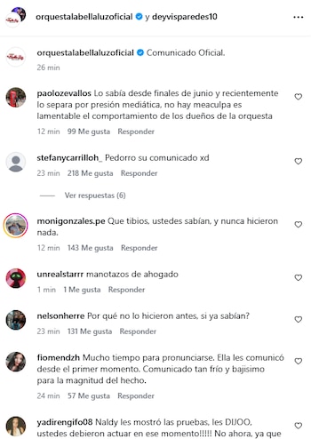 La indignación de los seguidores de 'La Bella Luz' tras el comunicado de la orquesta ante de la denuncia de tocamientos por parte de Naldy Saldaña. IG.