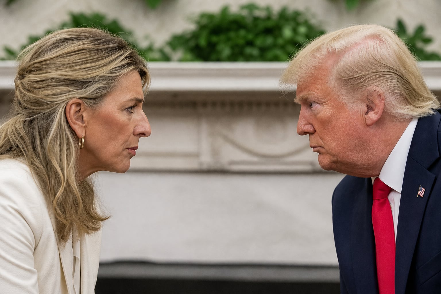 Fotomontaje en que Yolanda Díaz y Donald Trump se miran desafiantes. (Imagen Ilustrativa Infobae/IA)