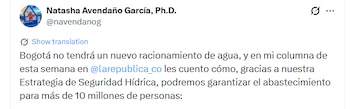 Este es el mensaje de Natasha Avendaño, gerente del Acueducto de Bogotá - crédito @navendanog/X