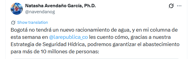 Este es el mensaje de Natasha Avendaño, gerente del Acueducto de Bogotá, sobre la gestión del agua por el fenómeno de El Niño - crédito @navendanog/X