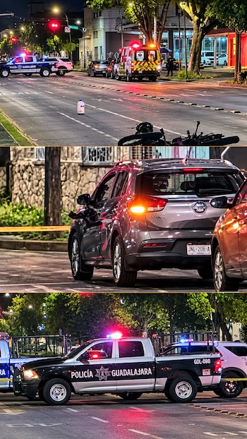 Tres imágenes con una patrulla de la Policía de Guadalajara, una ambulancia y una motocicleta en el asfalto durante la noche