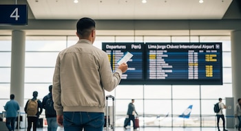 Hombre joven de espaldas con chaqueta beige y jeans, sosteniendo un boleto de avión, de pie junto a una maleta en un aeropuerto con la tabla de salidas visible.