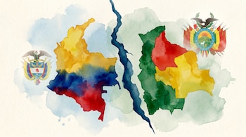 Ilustración en acuarela de un mapa estilizado de Sudamérica dividido por una grieta profunda, separando a Colombia de Bolivia, con sus escudos nacionales.