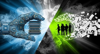 Ilustración digital conceptual con dos manos opuestas; una de circuitos y chips sujeta procesadores, la otra de siluetas humanas se disuelve en papeles.