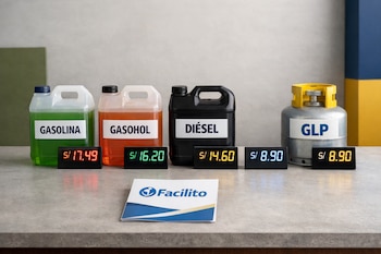 Cuatro recipientes con etiquetas de Gasolina, Gasohol, Diésel y GLP. Cada uno muestra un precio digital en soles. Folleto de Facilito.