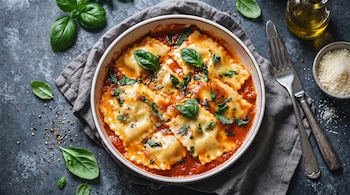Vista aérea de ravioles en salsa de tomate con albahaca y pimienta en un cuenco blanco. Al lado, cubiertos, queso rallado, aceite de oliva y hojas de albahaca.