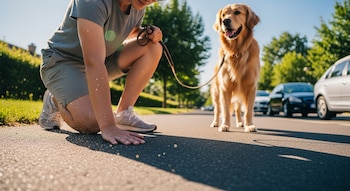 Una persona arrodillada en la calle toca el asfalto con la mano, junto a un perro Golden Retriever con correa, en un día soleado.