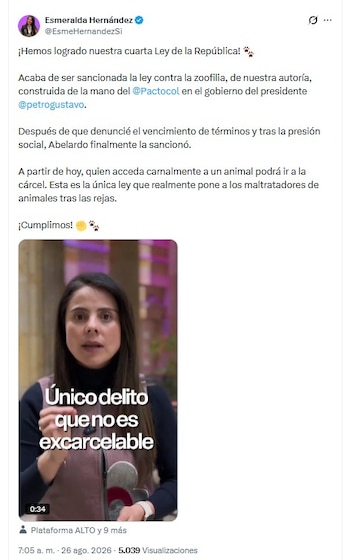 "A partir de hoy, quien acceda carnalmente a un animal podrá ir a la cárcel. Esta es la única ley que realmente pone a los maltratadores de animales tras las rejas", señaló la congresista Hernández - crédito @EsmeHernandezSi/X