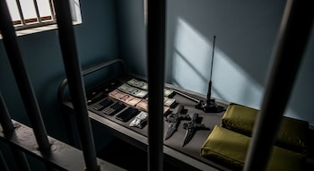 Vista a través de barrotes de una celda. Sobre una cama metálica se ven teléfonos celulares, fajos de billetes, armas blancas y una antena Starlink.