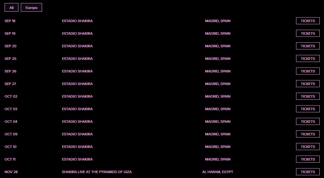 La página oficial de Shakira borró las fechas de Catar y Emiratos Árabes Unidos correspondientes a 'Las Mujeres Ya No Lloran World Tour' - crédito captura de pantalla shakira.com