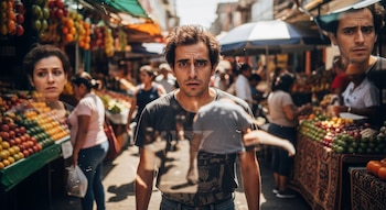 Primer plano de un joven confundido en un mercado latinoamericano bullicioso. Superposiciones transparentes de personas y productos crean un efecto visual.