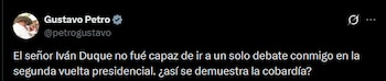Publicación de Gustavo Petro en