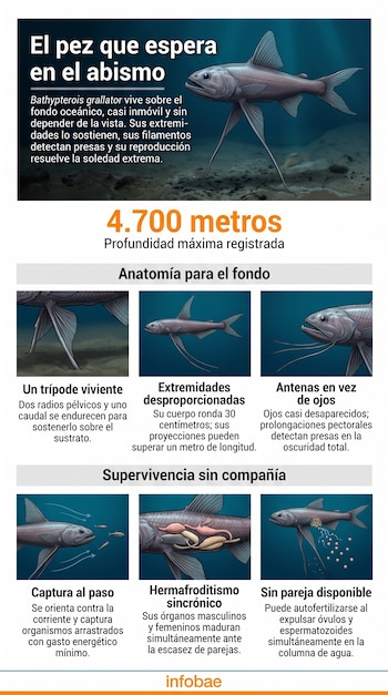 Infografía con ilustraciones de un pez de aletas largas en el fondo marino y seis recuadros explicativos con esquemas de su anatomía.