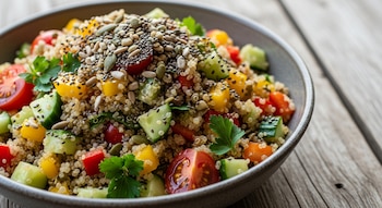 Primer plano de una ensalada colorida en un bol rústico sobre una mesa de madera, con quinoa, amaranto, tomates, pepinos, pimientos y varias semillas.