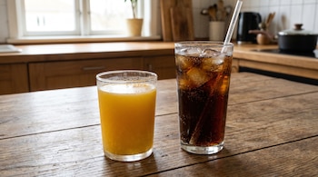 Un vaso de jugo de naranja y un vaso de refresco con hielo y pajita sobre una mesa de madera en una cocina iluminada con una ventana.