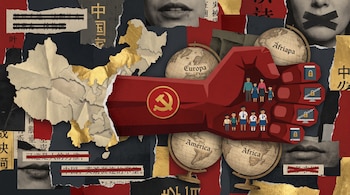 Mapa de China, brazo rojo con hoz y martillo, globos terráqueos de Europa, América y África, familias, niños, libros, computadoras bloqueadas y bocas censuradas.