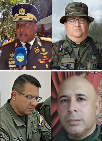 Cuatro retratos de hombres con vestimenta militar, que incluyen un uniforme de gala, un sombrero camuflado e insignias