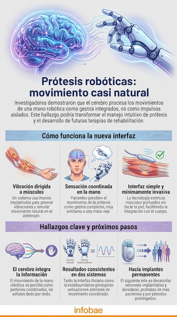 Ilustración de un cerebro y una mano robótica. Diagramas de interfaz mioquinética y percepción de movimiento. Texto 'Prótesis robóticas: movimiento casi natural'.