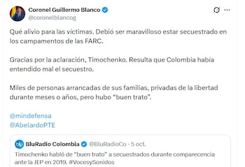 El coronel Enrique Guillermo Blanco respondió con ironía y puso el foco en la diferencia entre las normas internas que, según Londoño, existían y las experiencias relatadas por las víctimas - crédito @coronelblancog/X