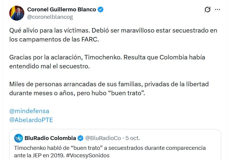 El coronel Enrique Guillermo Blanco respondió con ironía y puso el foco en la diferencia entre las normas internas que, según Londoño, existían y las experiencias relatadas por las víctimas - crédito @coronelblancog/X