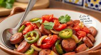 Plato de salchichas a la mexicana con rodajas de salchicha, tomate, cebolla, jalapeños y cilantro fresco, servido en un tazón de cerámica con cuchara.
