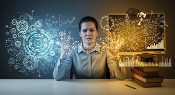 Mujer sentada con manos levantadas, rodeada de interfaz digital con engranajes a la izquierda y pizarrón con fórmulas, gráficos, libros y birrete a la derecha.