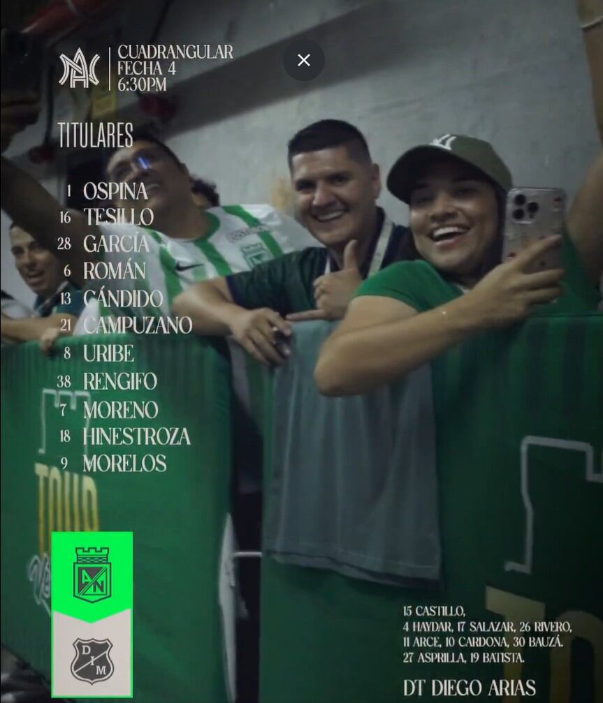 Esta es la alineación de Atlético Nacional para enfrentar al Medellín en cuadrangulares - crédito Atlético Nacional