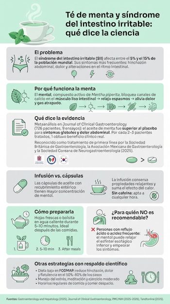 Infografía vertical sobre el té de menta y el síndrome del intestino irritable. Incluye textos, íconos de té, menta, cuerpo humano, cápsulas y órganos digestivos.