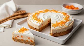 Pastel de zanahoria sin horno, con una porción cortada, decorado con zanahoria rallada y yogur sobre una bandeja blanca, con utensilios de madera al fondo.