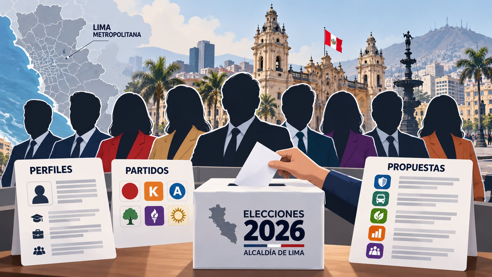 Siluetas de candidatos y fichas informativas ilustran el proceso para las elecciones municipales de 2026 en la alcaldía de Lima. (Imagen Ilustrativa Infobae)