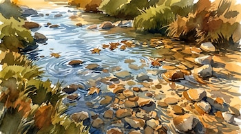 Pintura de acuarela con vista cenital de un arroyo de montaña. El agua transparente fluye sobre piedras y hojas caídas bajo la cálida luz dorada del atardecer.