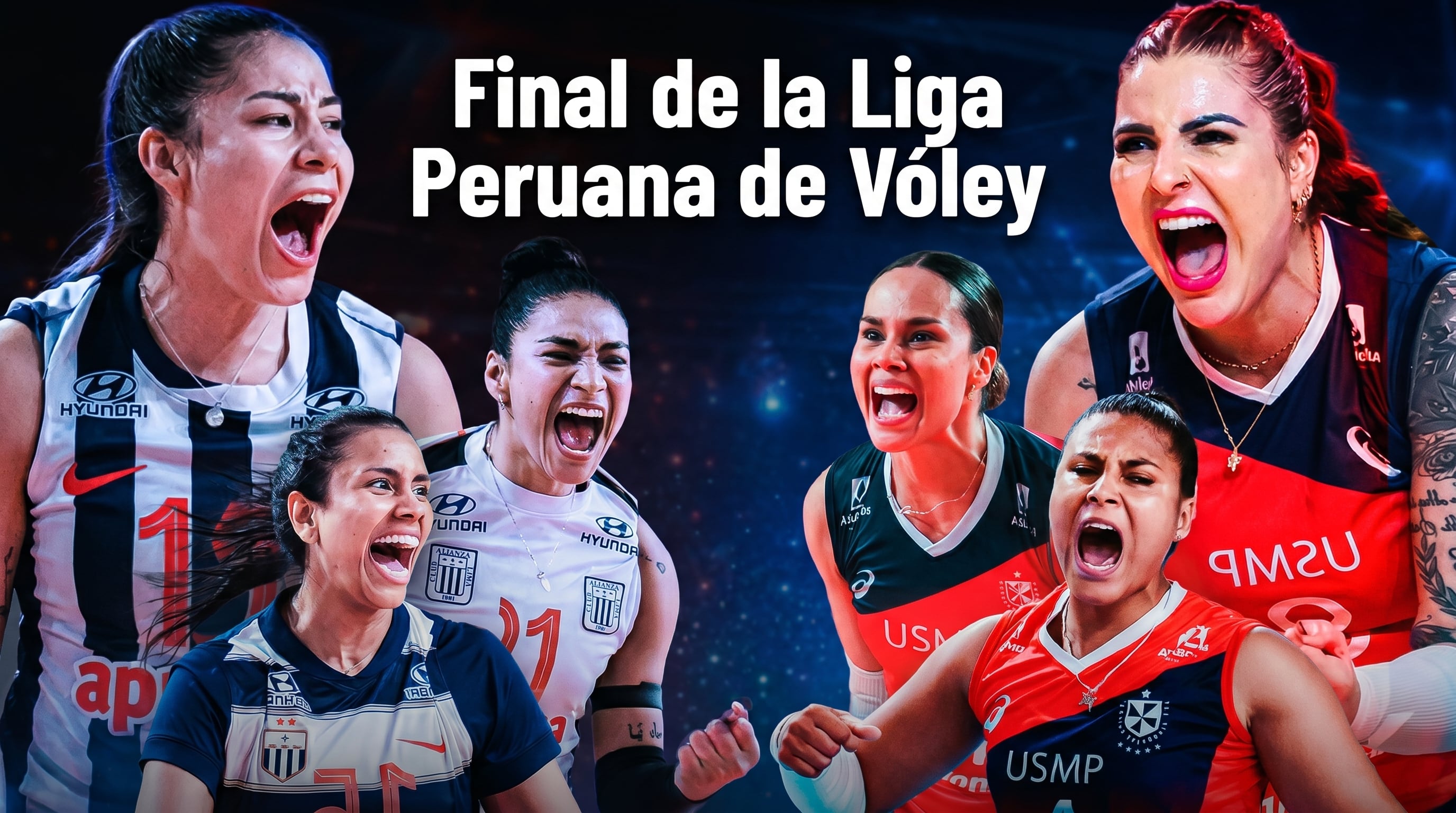 Una composición fotográfica muestra a jugadoras de Alianza Lima y USMP con expresiones intensas, reflejando la emoción de la final de la Liga Peruana de Vóley. (Imagen Ilustrativa Infobae)