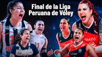 Seis jugadoras de voleibol de Alianza Lima y USMP con uniformes blanco/azul y rojo/negro, gritando. El texto "Final de la Liga Peruana de Vóley" es visible.
