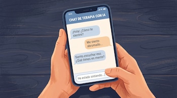 Dos manos sostienen un teléfono móvil con la pantalla mostrando un chat de terapia con inteligencia artificial y texto, sobre una superficie de madera oscura.