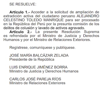 Gobierno aprueba solicitar la ampliación de la extradición de Alejandro Toledo luego de que la Corte Suprema diera el visto bueno.
