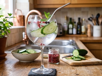 Una copa con hielo, pepino y bayas sobre un posavasos, junto a botellas de ginebra y tónica, rodajas de pepino y un frasco con pimienta.