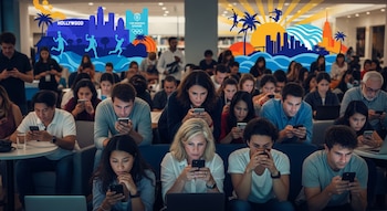 Multitud de personas de varias edades y etnias miran sus teléfonos y laptops. En el fondo, gráficos ilustran el horizonte de Los Ángeles con palmeras y figuras deportivas.