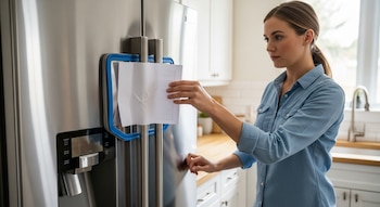 Mujer colocando una hoja de papel en la puerta de un refrigerador de acero inoxidable para probar el sellado, visible en una cocina luminosa con luz de ventana.