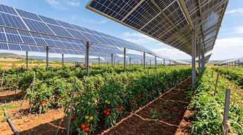 Hileras de plantas de tomate con frutos rojos y verdes debajo de paneles solares montados en estructuras metálicas elevadas.